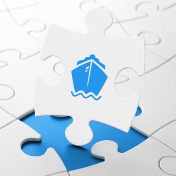Travel concept: Ship on White puzzle pieces background, 3D rendering