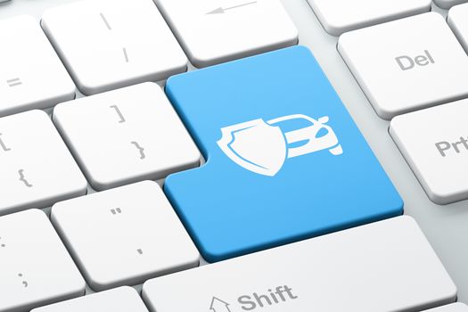 Insurance concept: Enter button with Car And Shield on computer keyboard background, 3D rendering