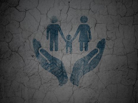 Insurance concept: Blue Family And Palm on grunge textured concrete wall background