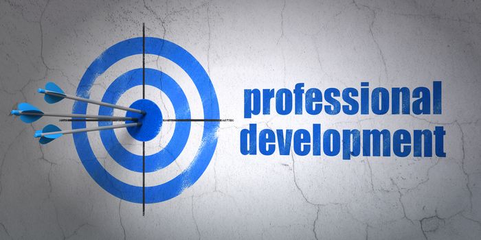 Success Learning concept: arrows hitting the center of target, Blue Professional Development on wall background, 3D rendering