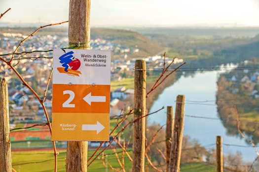 Hessigheim, Germany - December 27, 2015: Wine and fruit hiking trail (Wein- & Obstwanderweg Mundeslheim) sign in the vineyards near Hessigheim