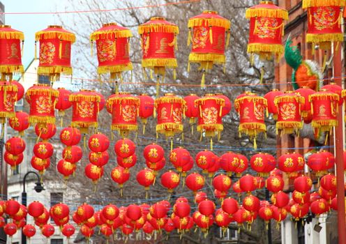 Chinese paper lamps hanging over city street