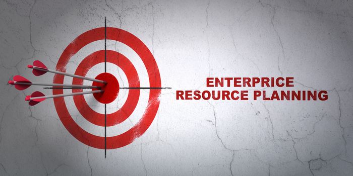 Success business concept: arrows hitting the center of target, Red Enterprice Resource Planning on wall background, 3D rendering