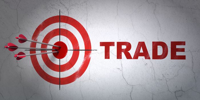 Success finance concept: arrows hitting the center of target, Red Trade on wall background, 3D rendering