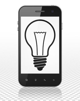 Finance concept: Smartphone with black Light Bulb icon on display, 3D rendering