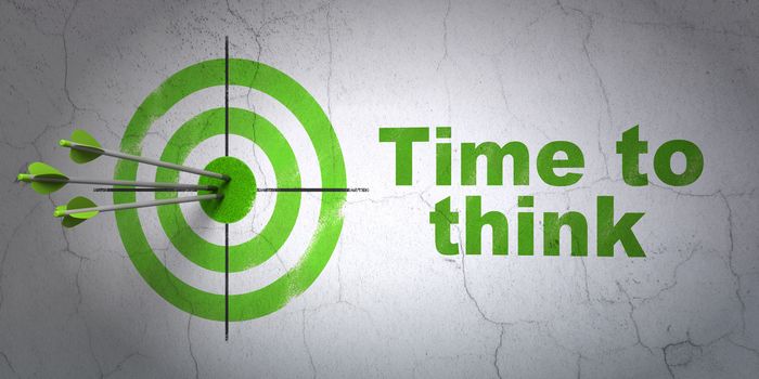 Success time concept: arrows hitting the center of target, Green Time To Think on wall background, 3D rendering