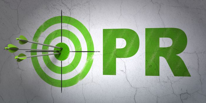 Success marketing concept: arrows hitting the center of target, Green PR on wall background, 3D rendering