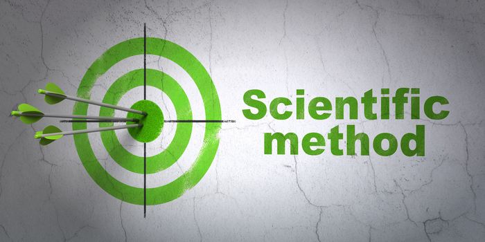 Success Science concept: arrows hitting the center of target, Green Scientific Method on wall background, 3D rendering
