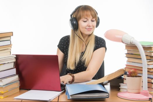 Student headphones preparing writing course project in electronic form