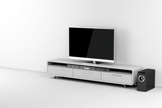 Flat screen tv with audio system on tv stand