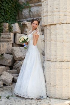 girl, wedding, expensive dress, summer day, the bride with large eyes