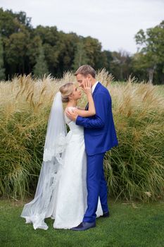 The groom gently hugged the bride