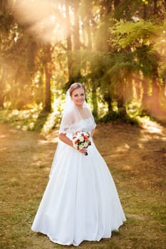 The bride in a white dress on a sunny day