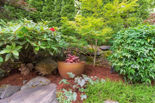 Backyard Garden landscaping gold container pot with plants shrubs trees rocks and bark dust