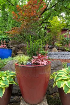 Garden Backyard colorful container pots with plants in landscaping