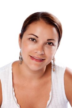Happy Hispanic Latina woman with pure beautiful skin on white, skincare concept.