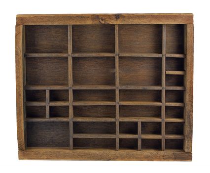 vintage wooden typesetter case (drawer) or shadow box isolated on white