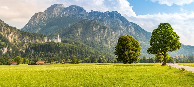 Neuschwanstein castle in Beautiful summer romantic road view Fussen Bavaria, Germany panorama