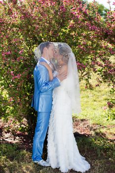 The groom gently kisses the bride on a summer day