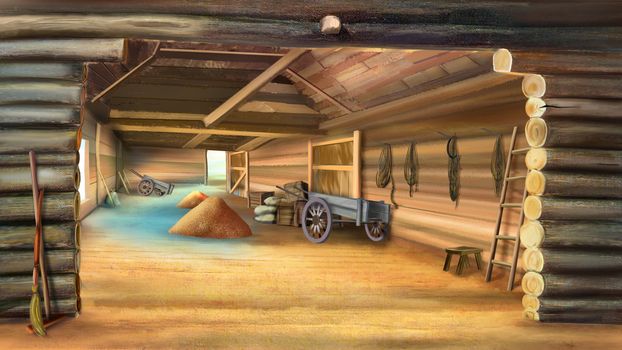 Barn with Grain in a village.  Wooden cart. Digital painting, illustration in Realistic Cartoon Style