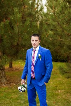 Elegant luxury wedding blue suit with bowtie on hanger tree closeup