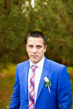Elegant luxury wedding blue suit with bowtie on hanger tree closeup