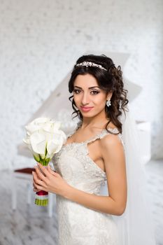 beautiful brunette bride in a luxurious wedding dress posing in interior
