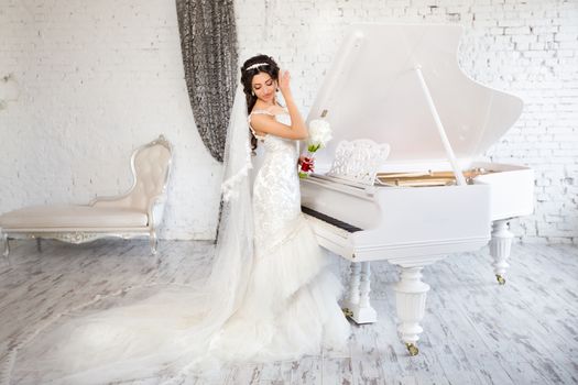 beautiful brunette bride in a luxurious wedding dress posing in interior