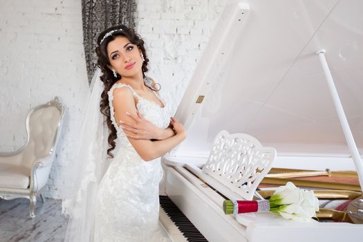 beautiful brunette bride in a luxurious wedding dress posing in interior