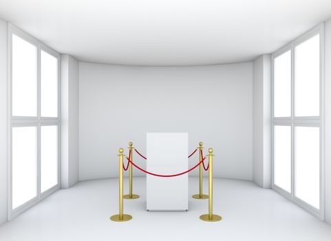 Empty showcase with tiled stand barriers for exhibit. Isolated on white background. 3D rendering