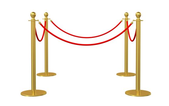 Golden fence, stanchion with red barrier rope, isolated on white background. 3D illustration