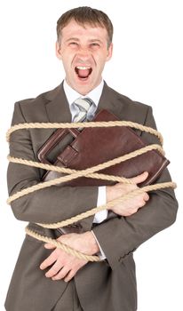 Businessman and briefcase tied with rope screaming isolated