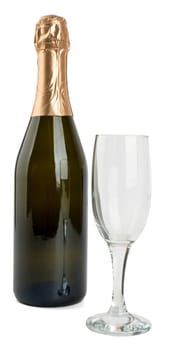 Champagne bottle and champagne glass isolated on white background