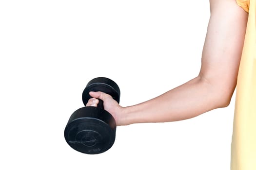 exercising with dumbbells,  lifting dumbbells on white background