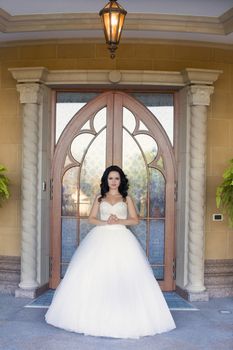 portrait of a brown-eyed sensual kinky girl in white dress on the window background, close up