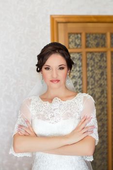 Bride with red lipstick on the lips