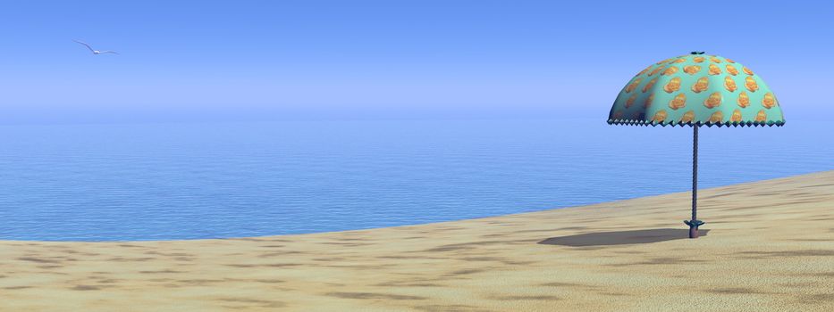 Umbrella, sand, ocean and beautiful sky at the beach - 3D render