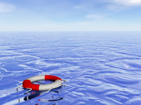 Life buoy floating alone on the ocean by day - 3D render