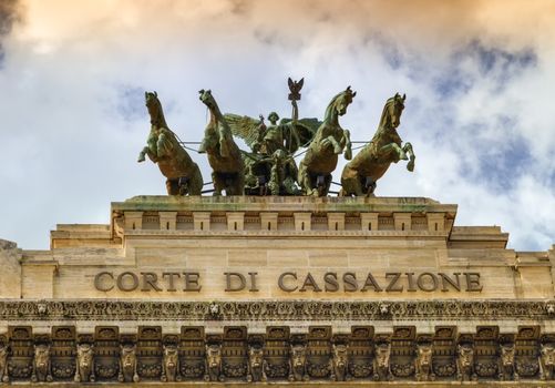 Quadriga upon Corte di cassazione, the Supreme Court of Cassation by cloudy day, Rome, Italy