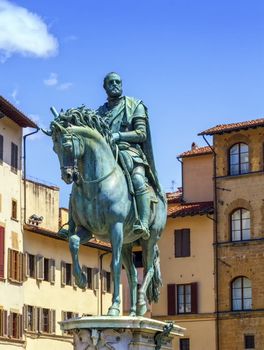 Cosimo Medici's statue on the Piazza della Signoria by Giambologna by day in Florence, Italy.
