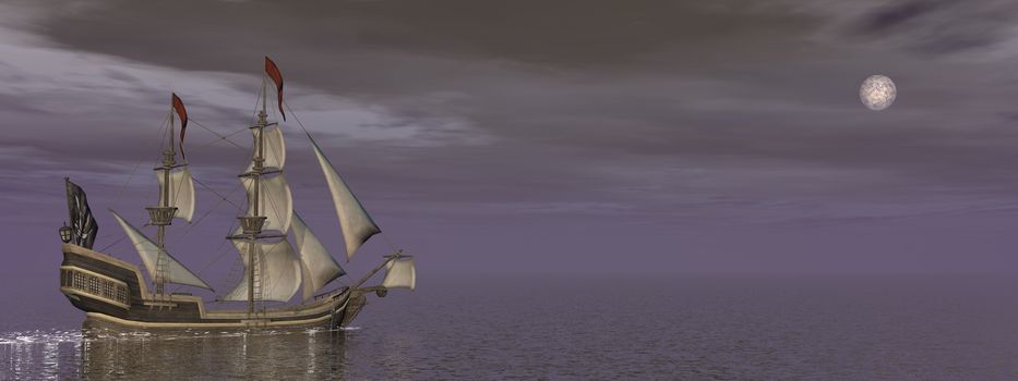 Pirate Ship, floating on the ocean surrounded by night with full moon - 3D render
