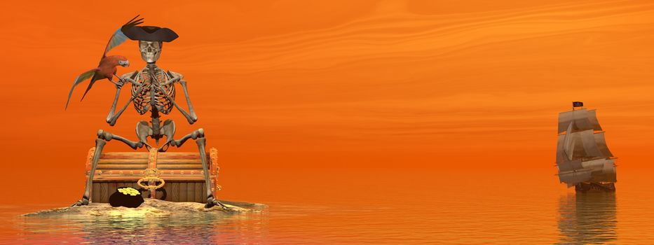 Skeleton pirate sitting on a treasure chest with its parrot by red night with ship behind on the ocean - 3D render