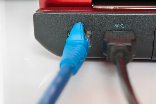 USB cable and Lan cable are connecting to laptop computer