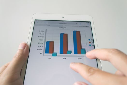 Businessman hand touching screen of tablet computer with market graph