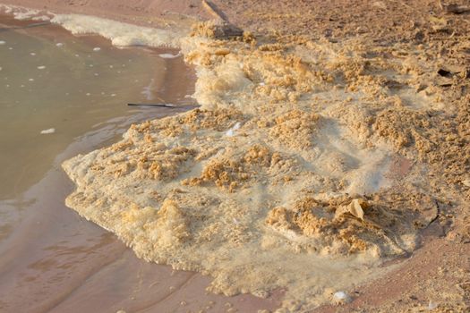 Polluted river water with dirty foam (water pollution)