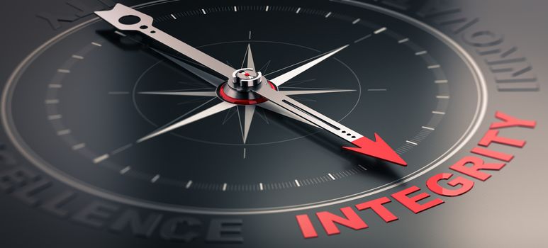 3D illustration of a compass over black background with needle pointing the word integrity. Concept image of company core values