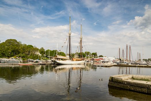 Boats in at dock in harbor in Camden, ME