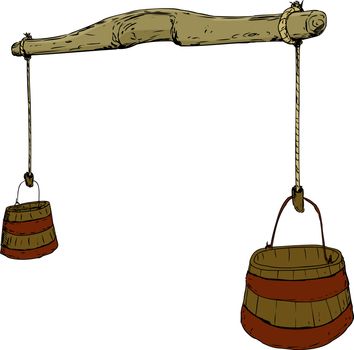 Cartoon sketch of 18th century carved wooden yoke with rope holding two large buckets for carrying water