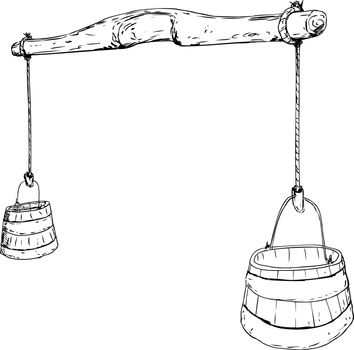 Outlined cartoon sketch of 18th century carved wooden yoke with rope holding two large buckets for carrying water