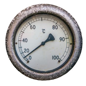 A Vintage Dial Thermometer Or Temperature Gauge On A White Background